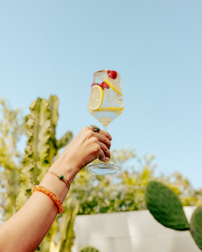 A hand holding up a cocktail glass filled with ice, lemon slices, and raspberries against a clear blue sky.