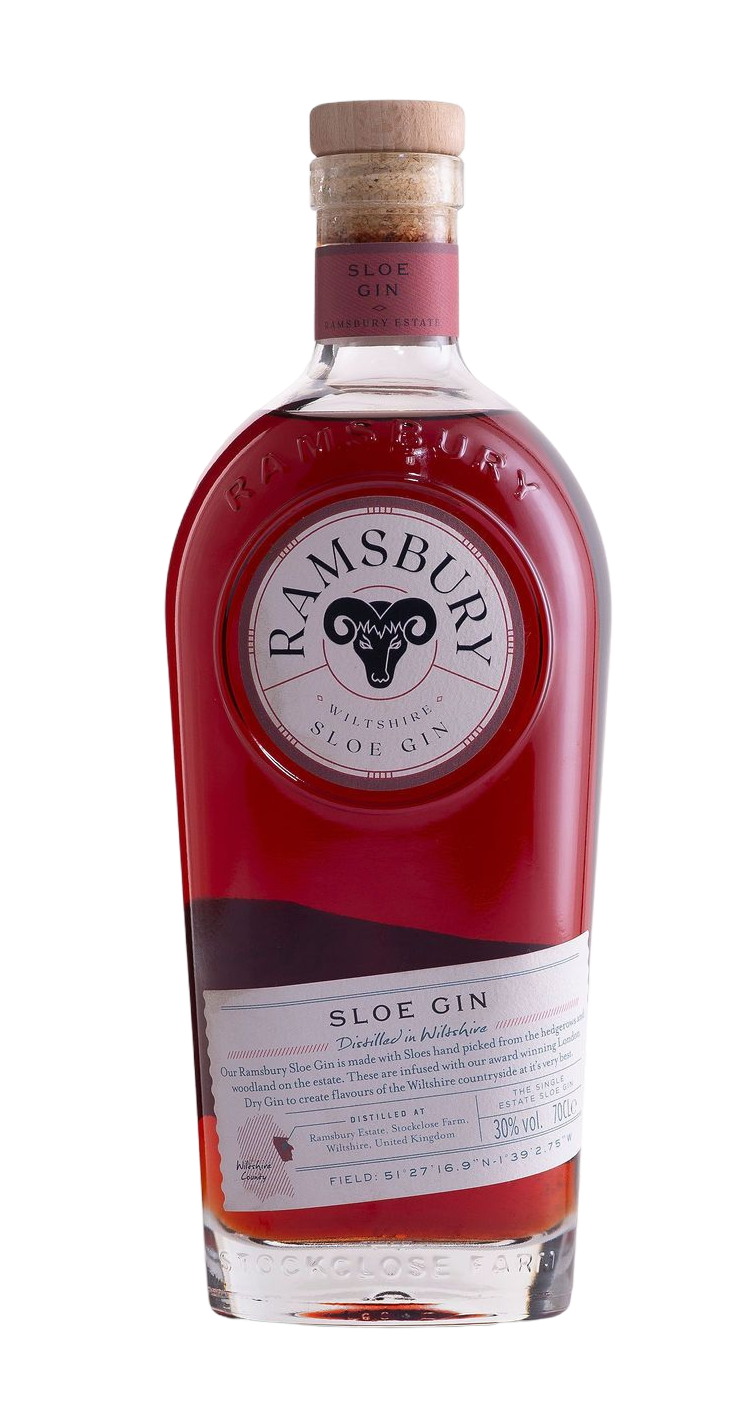 Side-by-side view of Ramsbury Single Estate gin bottles: pink Raspberry and Wildflower Honey Gin on the left, and clear Lemon Balm Gin on the right. Both are displayed against a clean, light grey background.